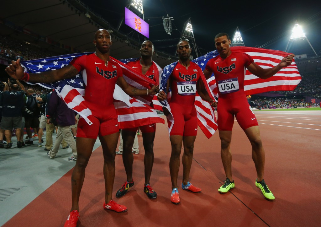 Trell Kimmons, left, had already been stripped of the 4x100m relay Olympic silver medal he won at London 2012 due to a failed test by Tyson Gay, second right, previously ©Getty Images