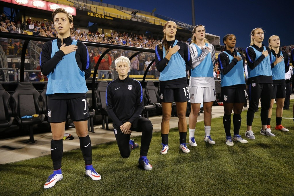 US soccer star Megan Rapinoe kneeled during the national anthem before her country's match against Thailand ©Getty Images