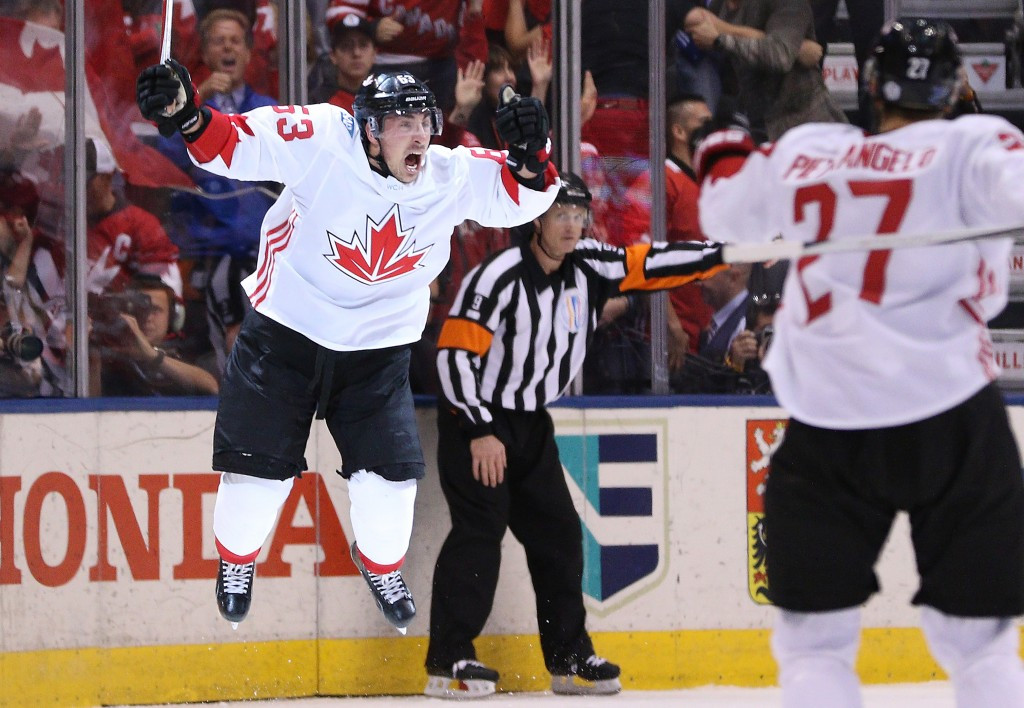 Brad Marchand celebrates the late goal that ensured a Canadian victory ©Getty Images