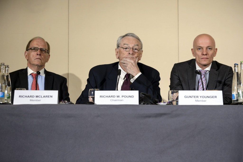 Richard Pound, centre, alongside Richard McLaren, left, led the first WADA Independent Comission into doping in Russia, which led to them being banned from international competition by the IAAF ©Getty Images