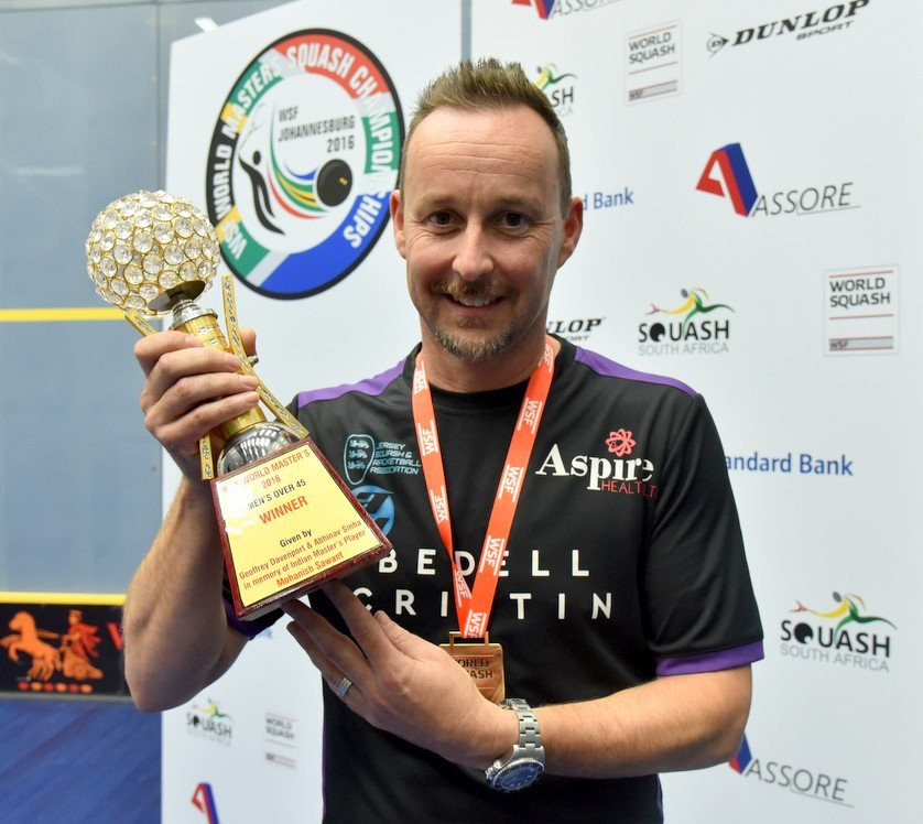 Jersey’s Nick Taylor won gold in the men’s over-45 championship and received the honour of being named player of the tournament ©Masters Squash

