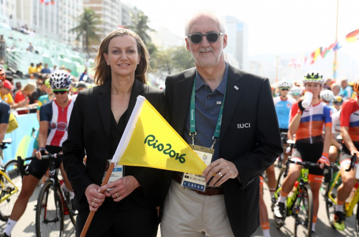Tracey Gaudry, UCI vice president, stands at the startline of the women's road race at Rio 2016 next to UCI President Brian Cookson ©Getty Images
