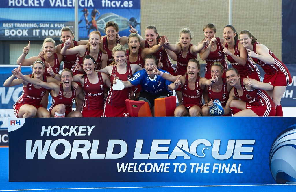 Great Britain celebrate their success at the Hockey World League semi-final stage in Valencia ©Getty Images
