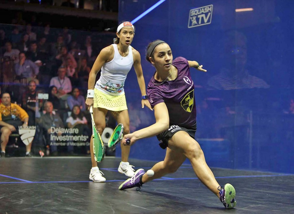 Raneem El Welily, front, struggled to beat third seed Nicol David in the women's competition ©PSA