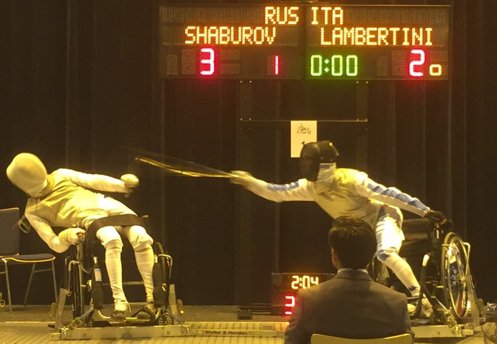 Russia's Maxim Shaburov denied Italy's Emanuele Lambertini of Italy a third consecutive victory, winning the under-23 men's foil, at the IWAS Wheelchair Fencing World Championships ©IWAS