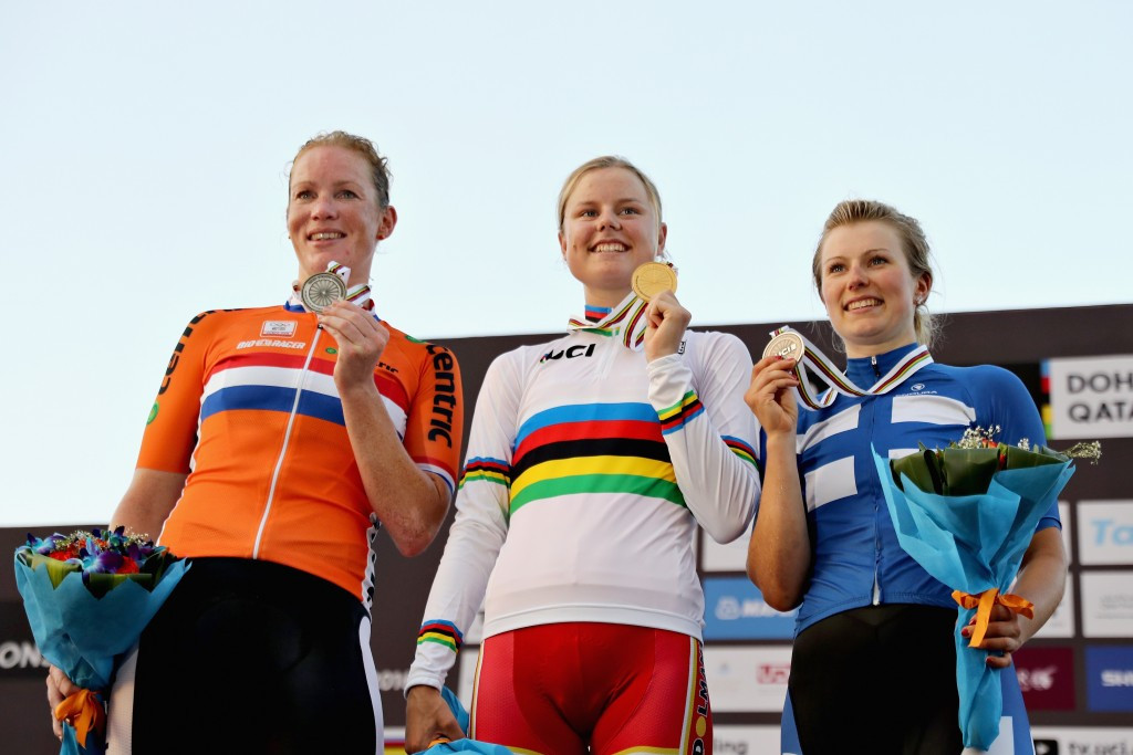 Amalie Dideriksen (centre) added to her junior world titles from 2013 and 2014 ©Getty Images