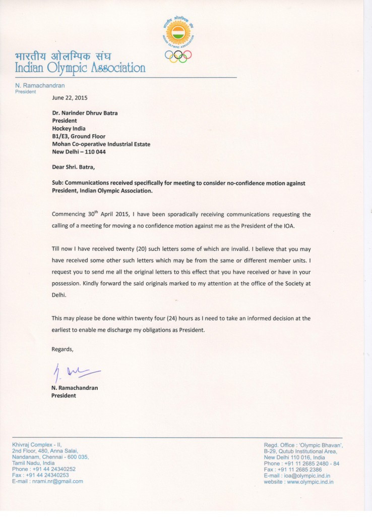A letter sent to Narinder Batra by N Ramachandran in response to the no-confidence calls ©ITG