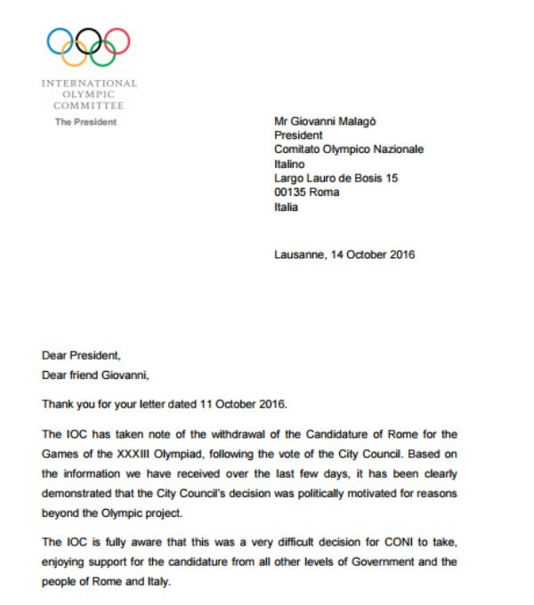 The letter sent by Thomas Bach to the Italian National Olympic Committee ©IOC/CONI
