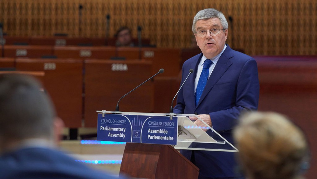 Thomas Bach pictured addressing the Council of Europe in Strasbourg ©IOC