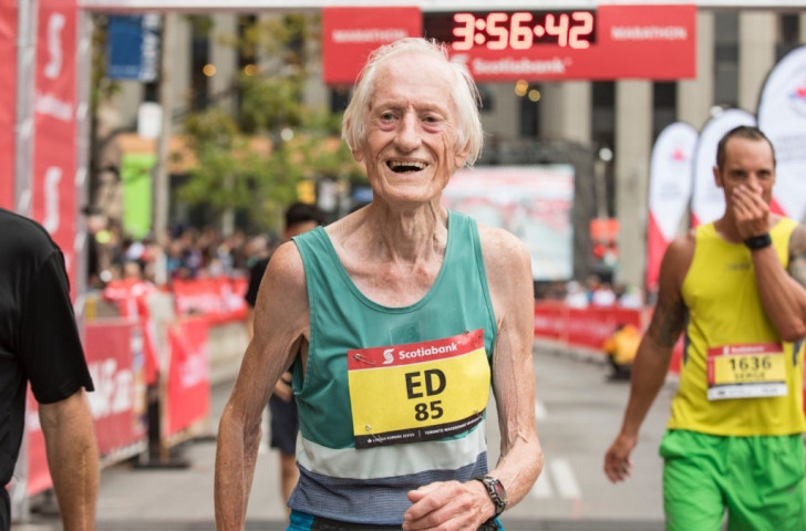 Canada's Ed Whitlock pictured after setting a men's 85-89 age group world marathon best of 3 hours 56min 33sec at the Scotiabank Toronto Waterfront Marathon ©Toronto Waterfront Marathon 