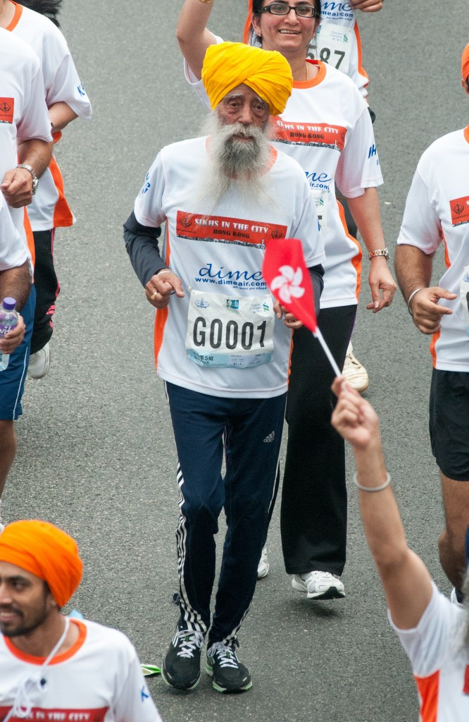 Fauja Singh, British Sikh of Punjabi Indian descent, brings his racing career to an end at the 2013 Hong Kong marathon 10k event, just short of his 102nd birthday ©Getty Images