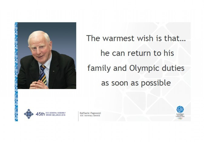 A message of support for Patrick Hickey was flashed onto the big screen during the 45th European Olympic Committees General Assembly in Minsk ©EOC