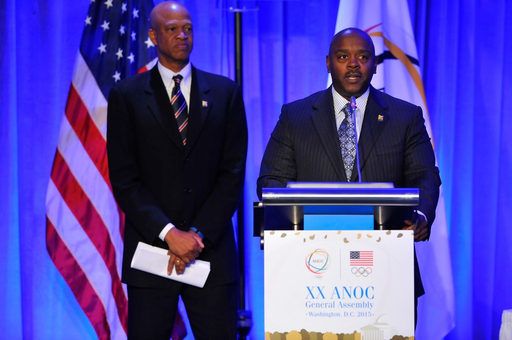 Willie Banks, left, and Vincent Mudd pictured during last year's ANOC General Assembly in Washington D.C. where San Diego were awarded the first-ever World Beach Games ©Getty Images