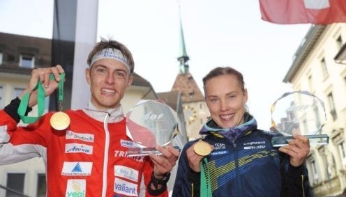 Tove Alexandersson (right) and Matthias Kyburz (left) have won the overall 2016 IOF World Cup titles in Aarau, Switzerland ©IOF