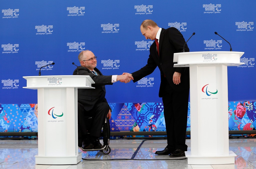 Sir Philip Craven (left, alongside Russian President Vladimir Putin at Sochi 2014), claimed Russia is still 