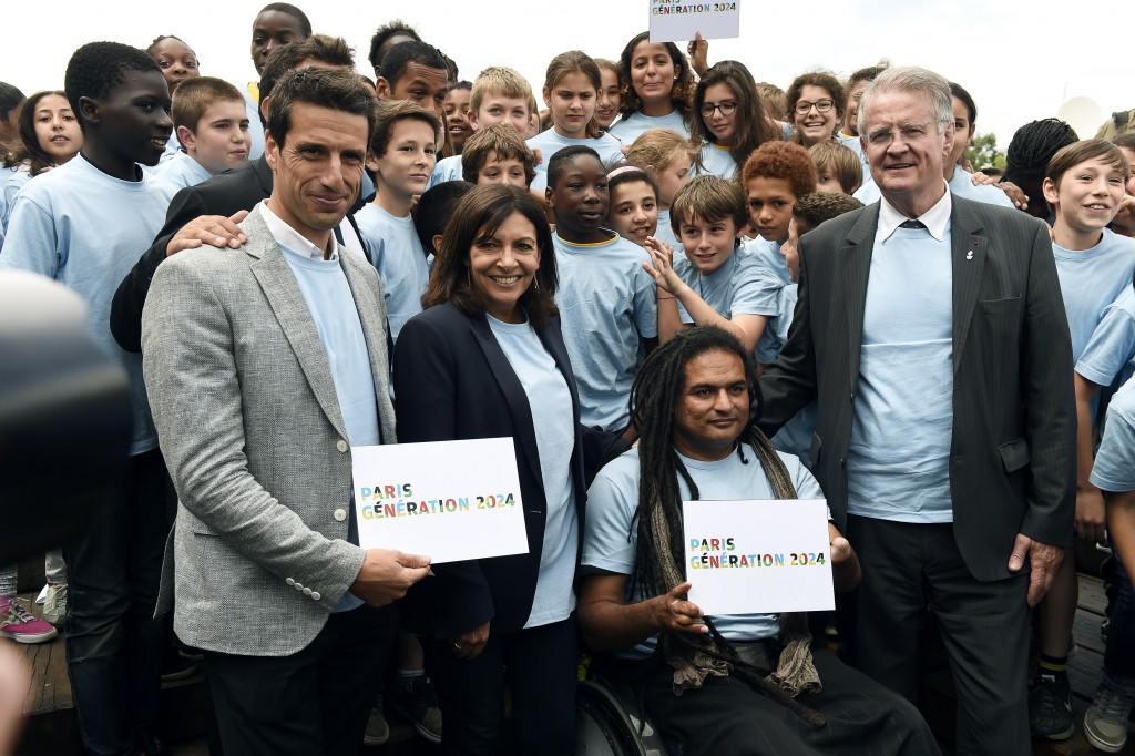 French triple Olympic canoe champion Tony Estanguet, Paris Mayor Anne Hidalgo, French Paralympic champion Ryadh Sallem, and President of World Rugby and head of Paris 2024 were among those to launch the French capital's campaign 