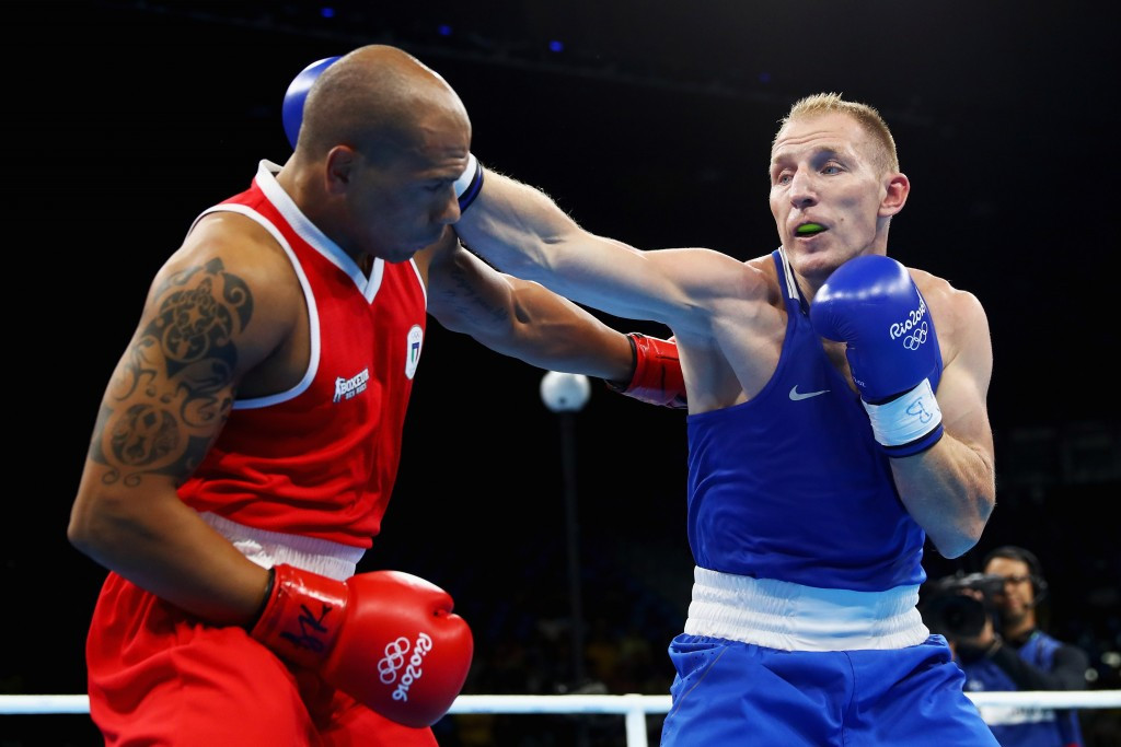 Light heavyweight Mikhail Dauhaliavets (right) was one of three Belarusian boxers at Rio 2016, but none of the three won a medal ©Getty Images

