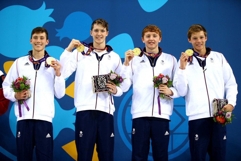 Britain's men's 4x100m team celebrate winning the third of their country's golds on the first day of swimming at the European Games ©Getty Images