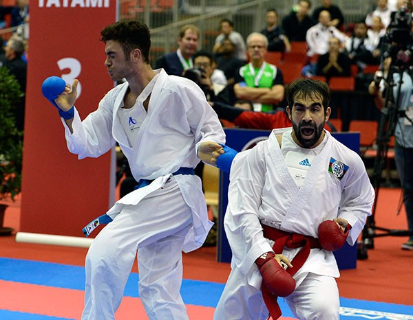 Rafael Aghayev (right) made a successful comeback, reaching the final of the men’s under 75kg competition ©WKF
