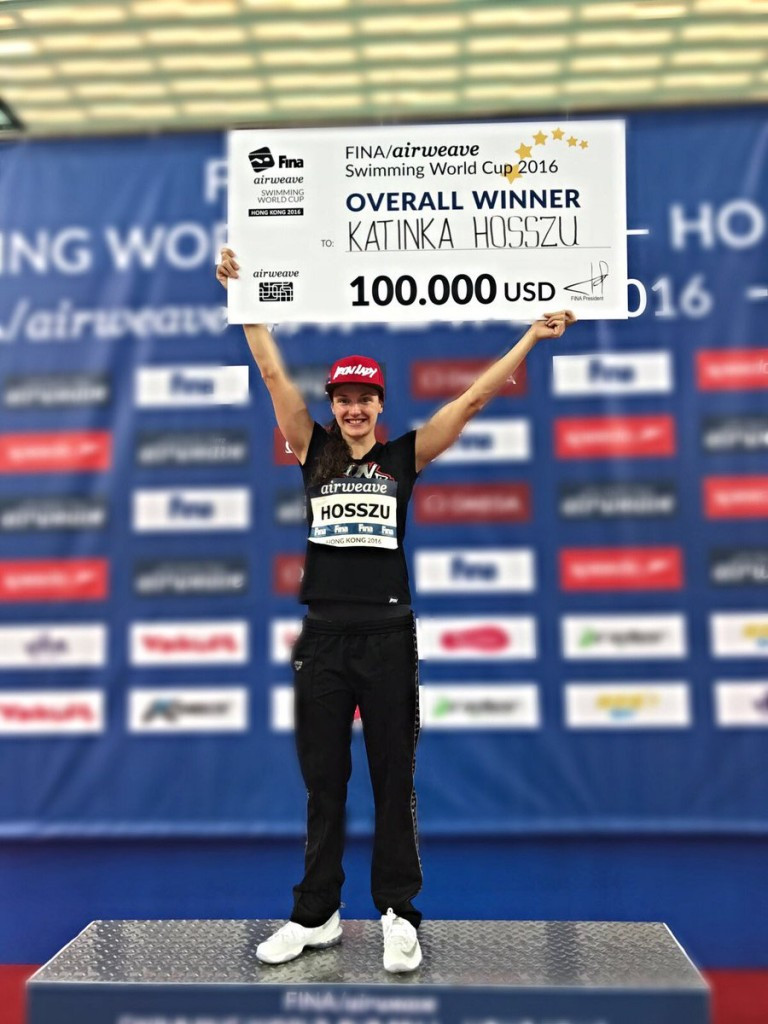 Hungary's Katinka Hosszú celebrates winning the FINA World Cup for a record fifth time ©Twitter