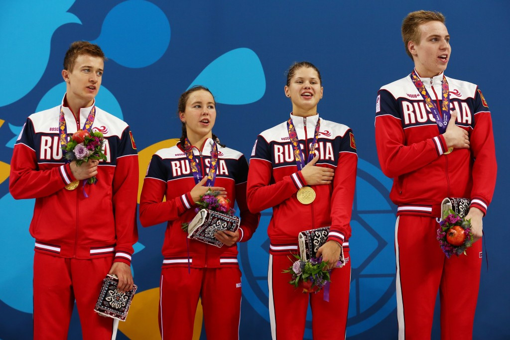 Russia reached the 50 gold medal milestone after victory in the mixed team 4x100m freestyle relay ©Getty Images