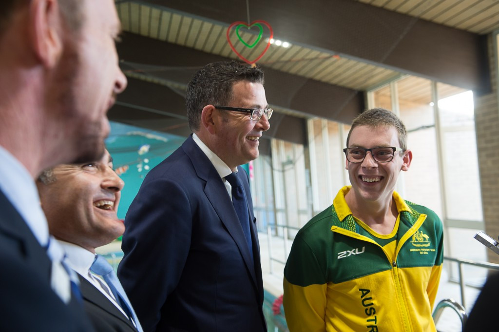 Victoria Premier Daniel Andrews, centre, attended the special ceremony at Glenallen School to rename the swimming pool in honour of Paralympic champion Tim Disken ©Premier of Victoria