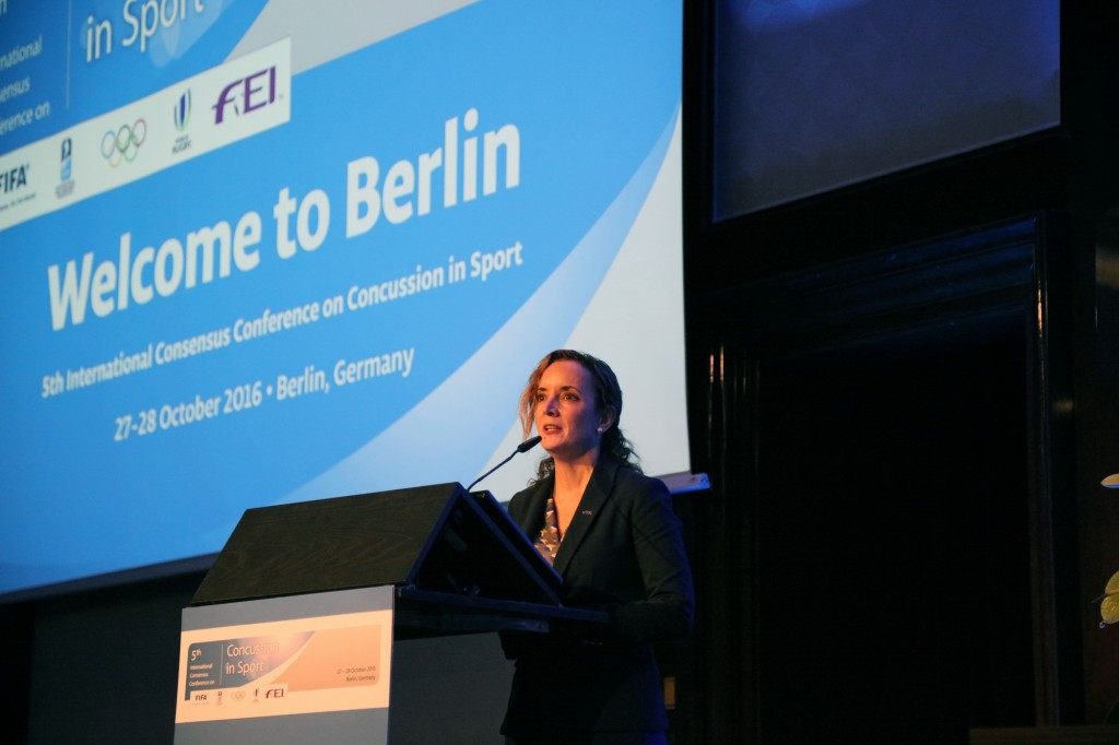 FEI secretary general Sabrina Ibáñez addresses the fifth International Consensus Conference on Concussion in Sport held in Berlin ©FEI/Adam Steiss