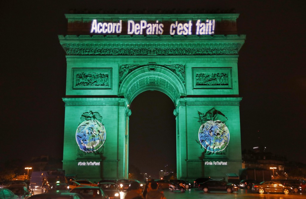Paris landmarks were illuminated green to mark the climate deal coming into force ©Getty Images