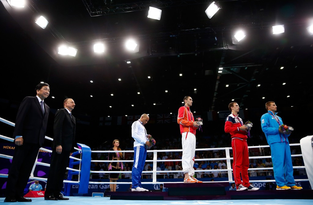 Azerbaijan's President  Ilham Aliyev was on hand to present Teymur Mammadov his light heavyweight boxing gold ©Getty Images
