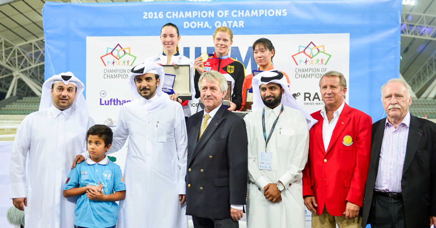 Winners pose following the completion of the women's final in Doha ©UIPM