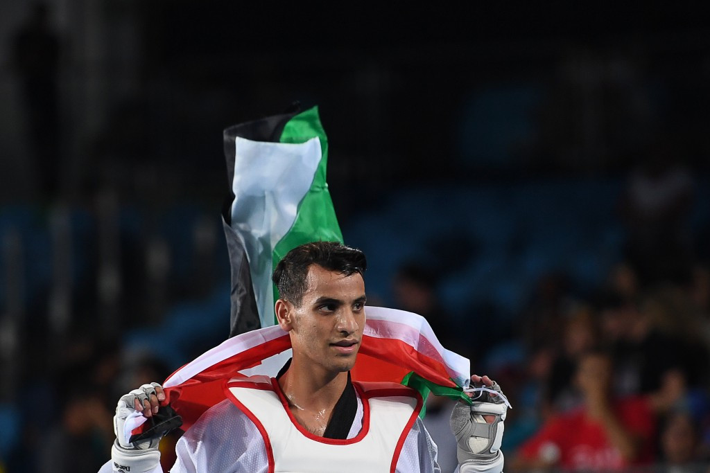 Ahmad Abughaush defeated Russia's Alexey Denisenko in the men's 68kg taekwondo final at Rio 2016 ©Getty Images