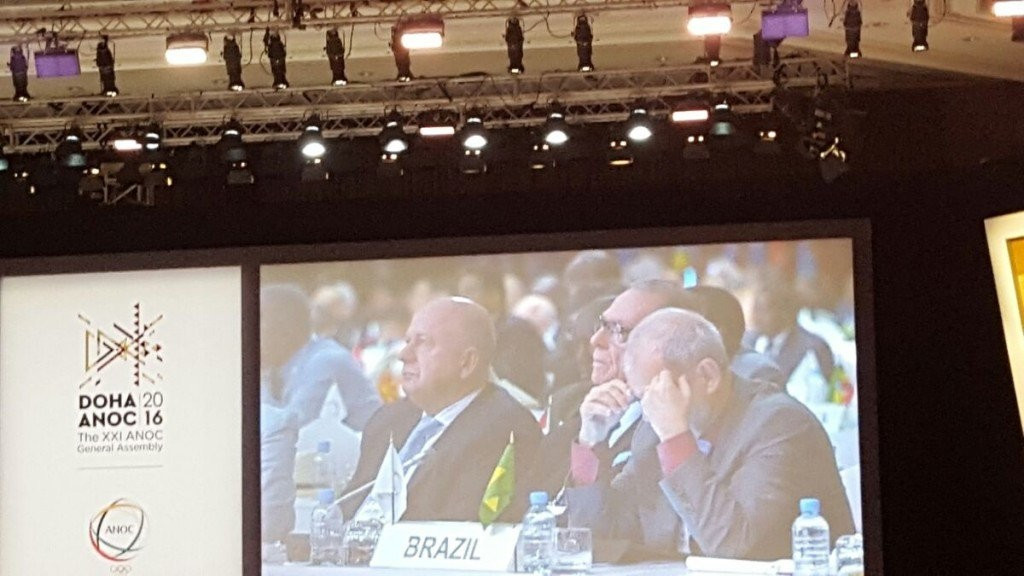 Brazil's delegation pictured listening to discussion of Rio 2016 during the ANOC General Assembly ©ITG