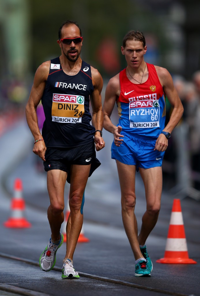 The 2013 world 50km silver medallist Mikhail Ryzhov, right, is among five Russian race walkers whose four-year doping bans were confirmed by the IAAF today ©Getty Images