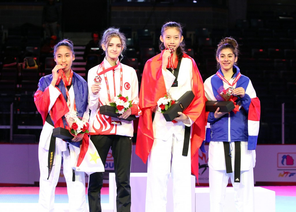 Vietnam's Thi Kim Ngan Ho, right centre, won gold in the women’s under 44kg category, Costa Rica's Maria Calderon, right, took the silver and Philippines Babigail Faye Valdez, left, and Turkey's Derya Esme bronzes ©WTF