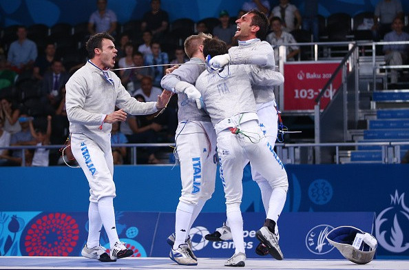 Italy celebrate after the narrowest of victories in the team sabre fencing competition ©Getty Images