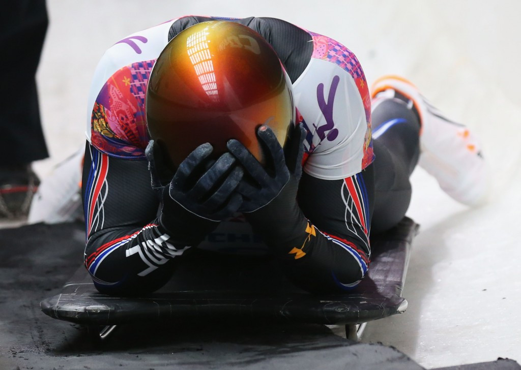 John Daly reacts after a calamitous final run at the Sochi 2014 Olympics ©Getty Images