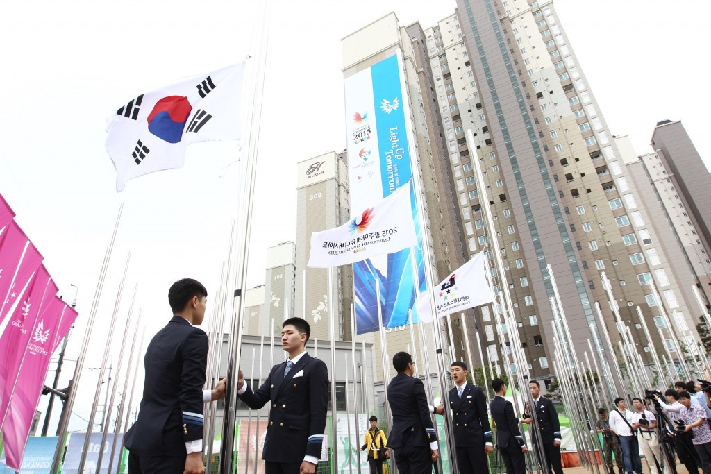 Flags where hoisted at the opening of the Gwangju 2015 Athletes Village opening