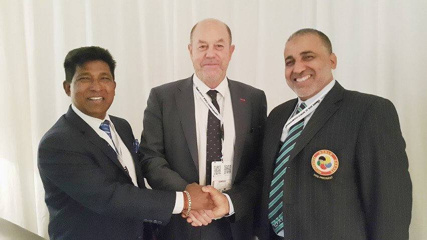 KSA President Sonny Pillay (left) received the support of WKF President Antonio Espinos (centre) and UFAK chief Tahar Misbahi ©KSA