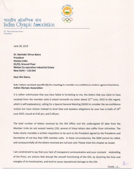 The first page of a letter sent by N Ramachandran to Narinder Batra ©ITG