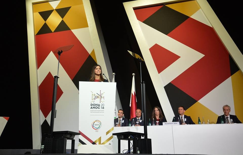Alexandra Szalay-Bobrovniczky was part of the Budapest 2024 presentation team at the ANOC General Assembly in Doha ©Budapest 2024/Facebook