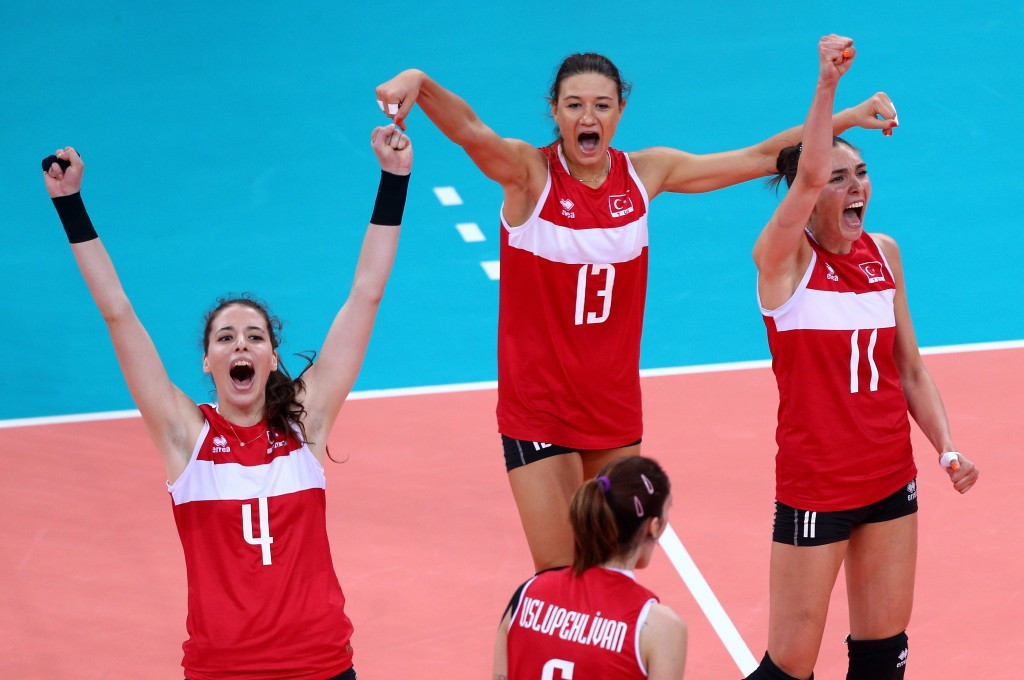 Turkey's women volleyball players celebrate a shock win over Poland in the European Games final ©Getty Images