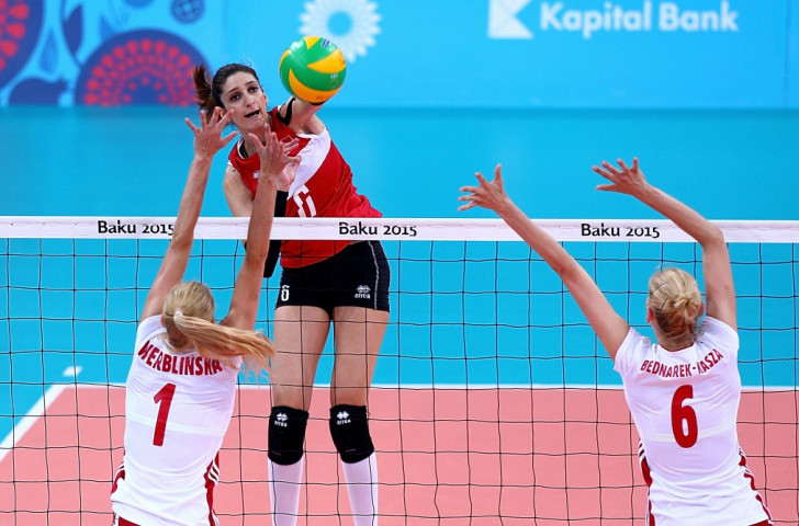 Turkey's Polen Uslupehlivan (centre) played a dominant role in her side's shock 3-0 win over Poland in the European Games gold medal match 