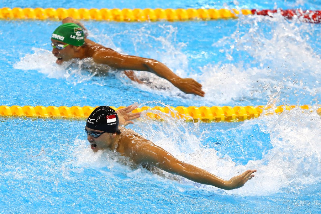 Joseph Schooling (black cap) won gold in the men’s 100 metres butterfly event at Rio 2016 ©Getty Images