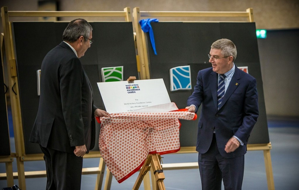 IOC President Thomas Bach (right) has officially declared open the World Archery Excellence Centre in Lausanne ©World Archery
