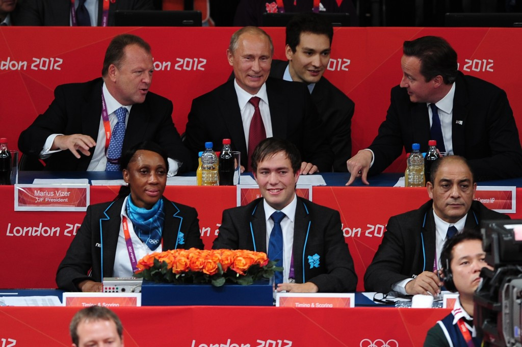 Marius Vizer, top left, alongside Russian President Vladimir Putin and British counterpart David Cameron during the London 2012 Olympic Games ©Getty Images