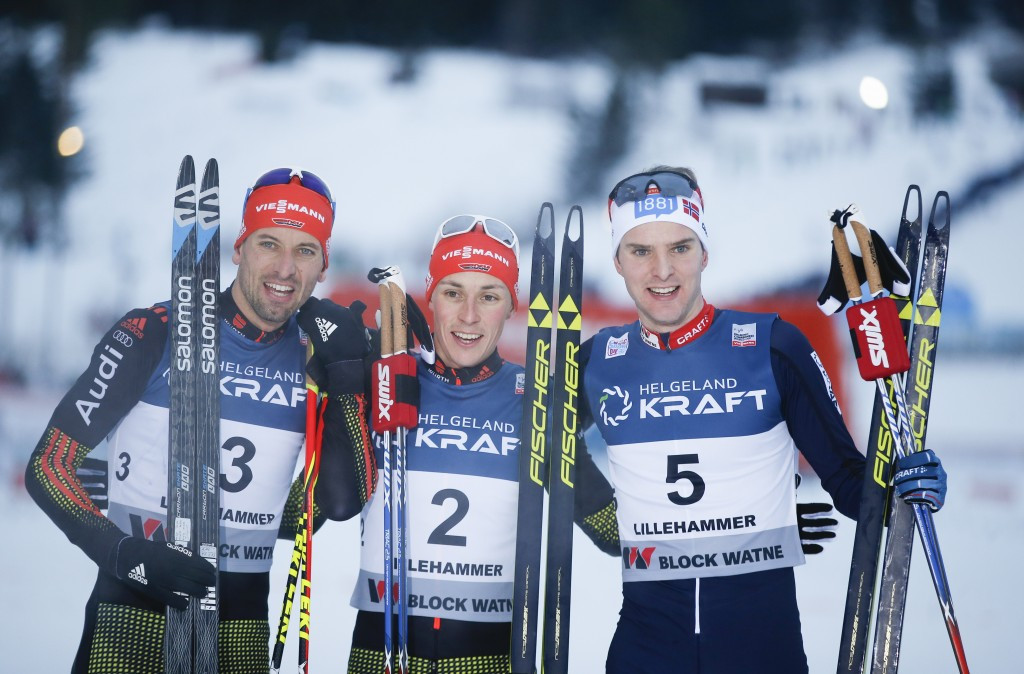 Bjoern Kircheisen, left, Eric Frenzel, centre, and Jørgen Graabak, right, pose after finishing on the podium ©Getty Images