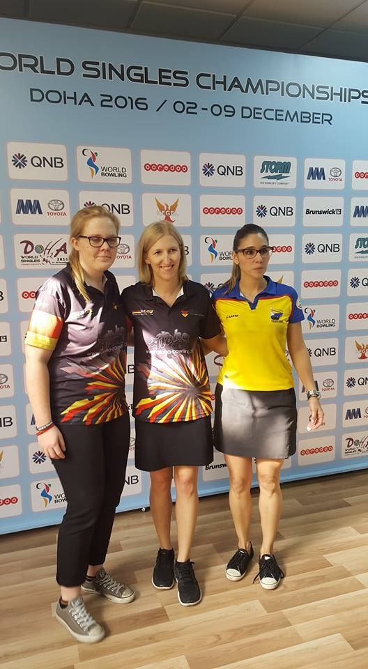 Birgit Poppler (centre) is followed in standings by fellow German Laura Beuthner (left) and Colombia's Clara Juliana Guerrero (right) ©World Bowling/Facebook