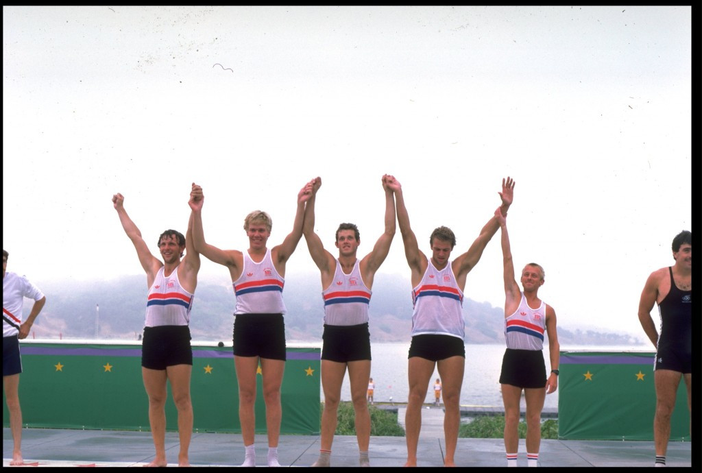 Richard Budgett (second left) and Steve Redgrave (second right) rowed together to coxed four gold at Los Angeles 1984 ©Getty Images