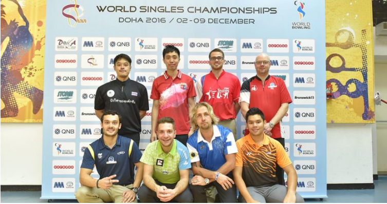 Qualifying leader Chris Via (back row, third from left) was one of eight men to successfully come through the first group phase of the World Bowling Singles Championships as action continued today at the Qatar Bowling Centre in Doha ©Terrance Yaw/Asian Bo