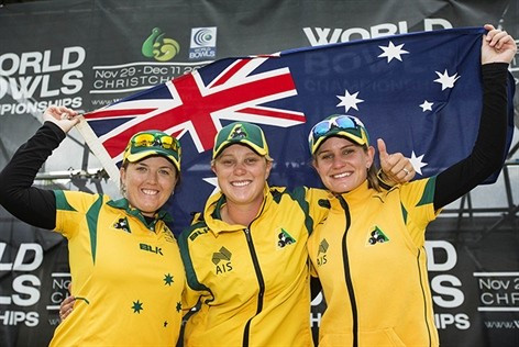 Australia’s Carla Krizanic, Natasha Scott and Rebecca Van Asch earned their country’s fourth title of the event by winning the women’s triples competition ©Bowls Australia